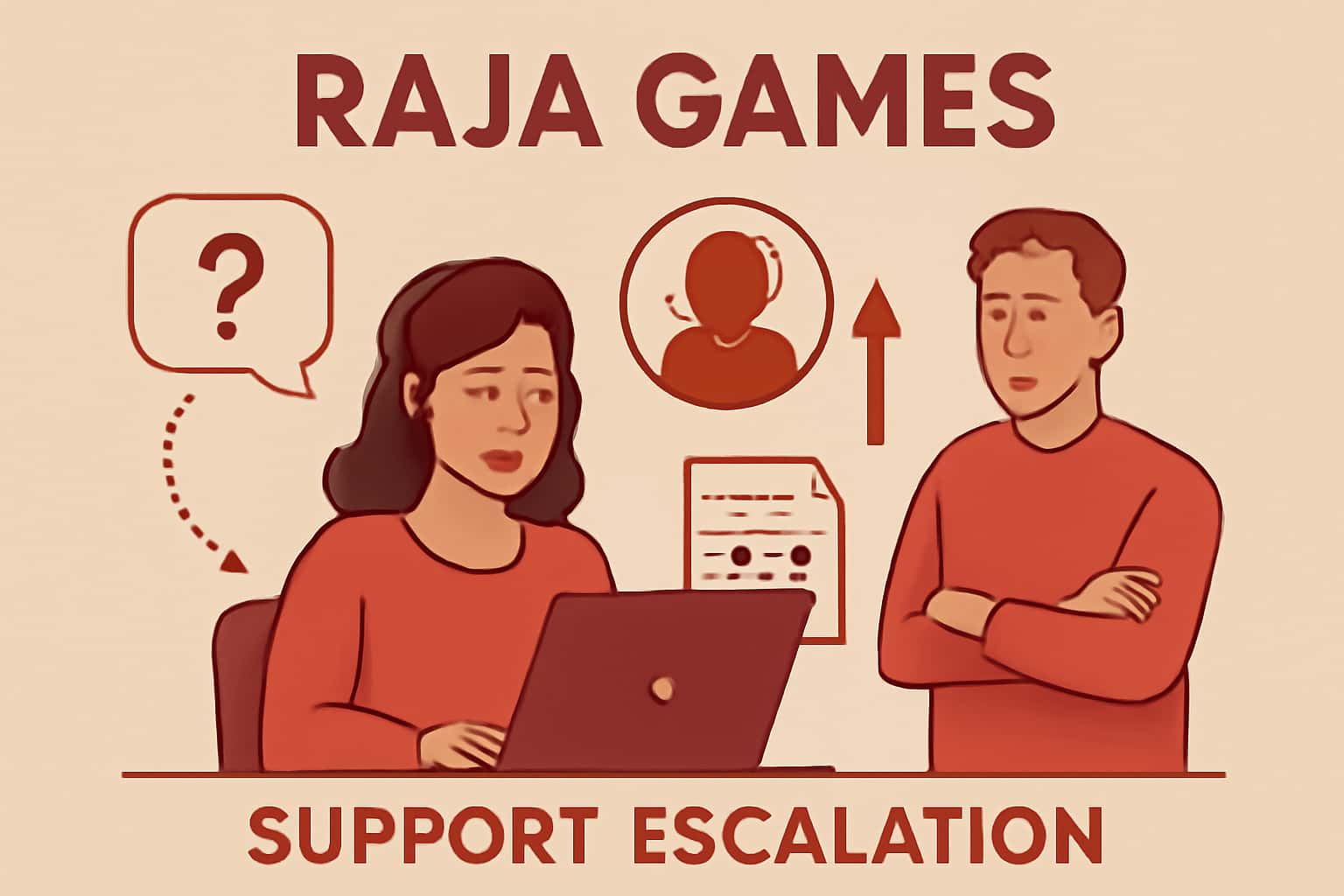 Informational scene depicting support escalation for Raja Games.
